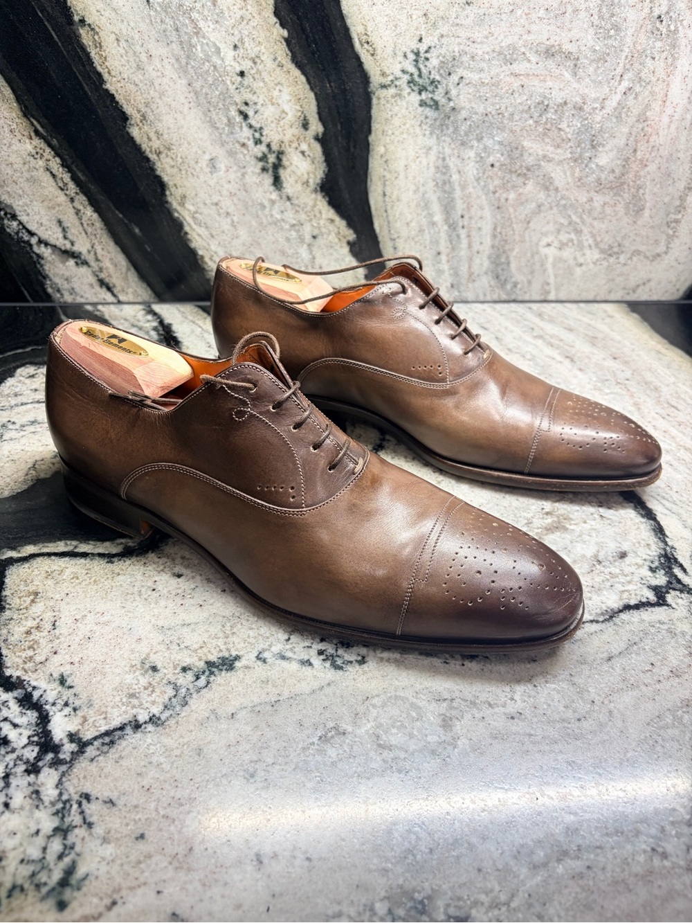 Santoni Fatte a Mano 9.5 UK -10.5 US Brown Hand Antiqued Leather Oxford Italy